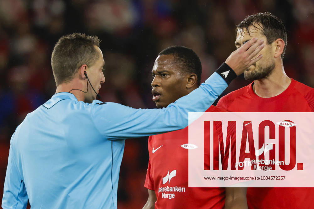Soccer, Conference League 2026 Brann Lincoln Red Imps Bergen 20261015 Referee Dalibor ÄaernÃ½ shows a red card to Brann’s Neraysho Kasanwirjo alongside Fredrik Pallesen Knudsen during the Conference League soccer match between SK Brann and Lincoln Red Imps at Brann Stadium. Photo by Paul S. Amundsen, NTB, Bergen, Norway. . RESTRICTED USE FOR BETTING COMPANIES
