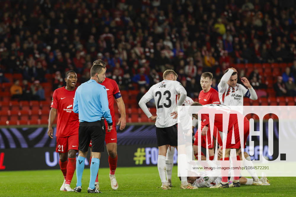 Soccer, Conference League 2026 Brann vs. Lincoln Red Imps, Bergen, October 15, 2026. Lincoln Red Imps’ Mandi is down. Referee Dalibor ÄaernÃ½ shows a red card to Brann’s Neraysho Kasanwirjo during the Conference League soccer match between SK Brann and Lincoln Red Imps at Brann Stadium Photo by Paul S. Amundsen, NTB, Bergen, Norway RESTRICTED USE FOR BETTING COMPANIES