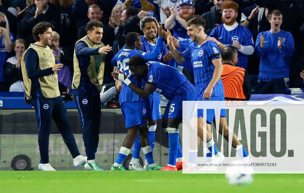 Georginio Rutter of Brighton and Hove Albion celebrates scoring a goal after making the score 3-0. Brighton & Hove Albion v Kauno Zalgiris, UEFA Conference League, Football, American Express Stadium, Brighton, UK - 15 Oct 2026Brighton American Express Stadium United Kingdom