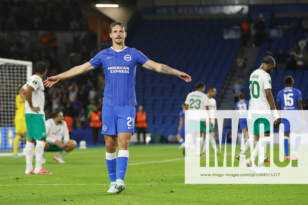 15th October 2026; American Express Stadium, Brighton, England; UEFA Conference League Football, Brighton and Hove Albion versus Kauno Zalgiris; Olivier Boscagli of Brighton and Hove Albion celebrating his teams second goal in the final minute of the first half ChrisxRoll