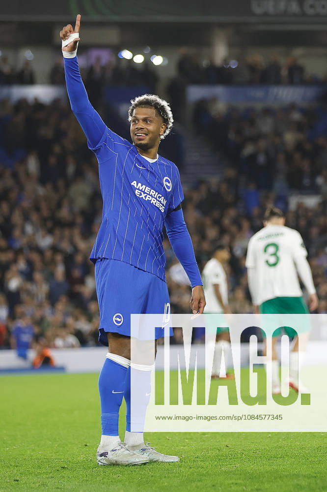 15th October 2026; American Express Stadium, Brighton, England; UEFA Conference League Football, Brighton and Hove Albion versus Kauno Zalgiris; Georginio Rutter of Brighton and Hove Albion celebrates his teams first goal in the 42nd minute ChrisxRoll