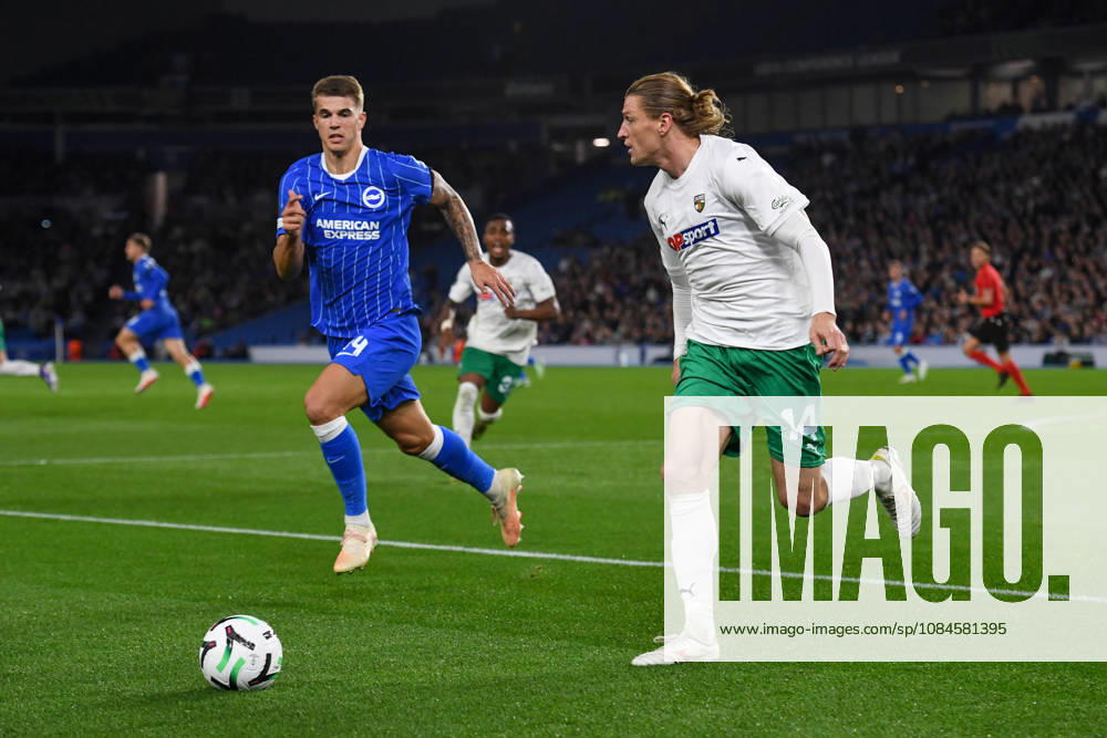 Brighton and Hove Albion v Kauno Zalgiris, UEFA Conference League Luka Vuskovic Defender of Brighton and Hove Albion chases down Vykintas Slivka of Kauno Zalgiris during the UEFA Conference League match between Brighton and Hove Albion and Kauno Zalgiris at the American Express Stadium, Brighton and Hove, UK on 15 October 2026. Brighton and Hove American Express Stadium East Sussex UK Editorial use only ,
