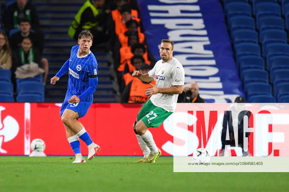 Brighton and Hove Albion v Kauno Zalgiris, UEFA Conference League Michael Svoboda Defender of Brighton and Hove Albion and Gabriel Debeljuh of Kauno Zalgiris in action during the UEFA Conference League match between Brighton and Hove Albion and Kauno Zalgiris at the American Express Stadium, Brighton and Hove, UK on 15 October 2026. Brighton and Hove American Express Stadium East Sussex UK Editorial use only ,