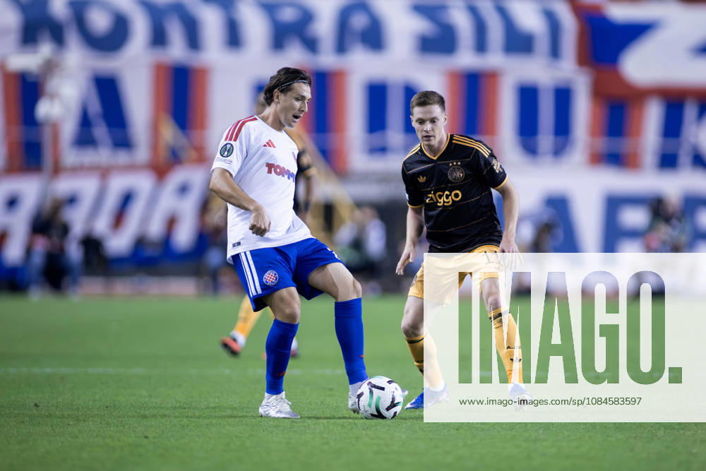 Alberto Del Moral (HNK HAjduk) 20 and Viktor Tsygankov (AFC Ajax) 11 in action during he UEFA Conference League match between HNK Hajduk Split (CRO) and AFC Ajax Amsterdam (NL) at Poljud Stadium. UEFA Conference League: HNK Hajduk Split Vs AFC Ajax Amsterdam 2:1 - ZUMAp210 20261015_zsp_p210_018
