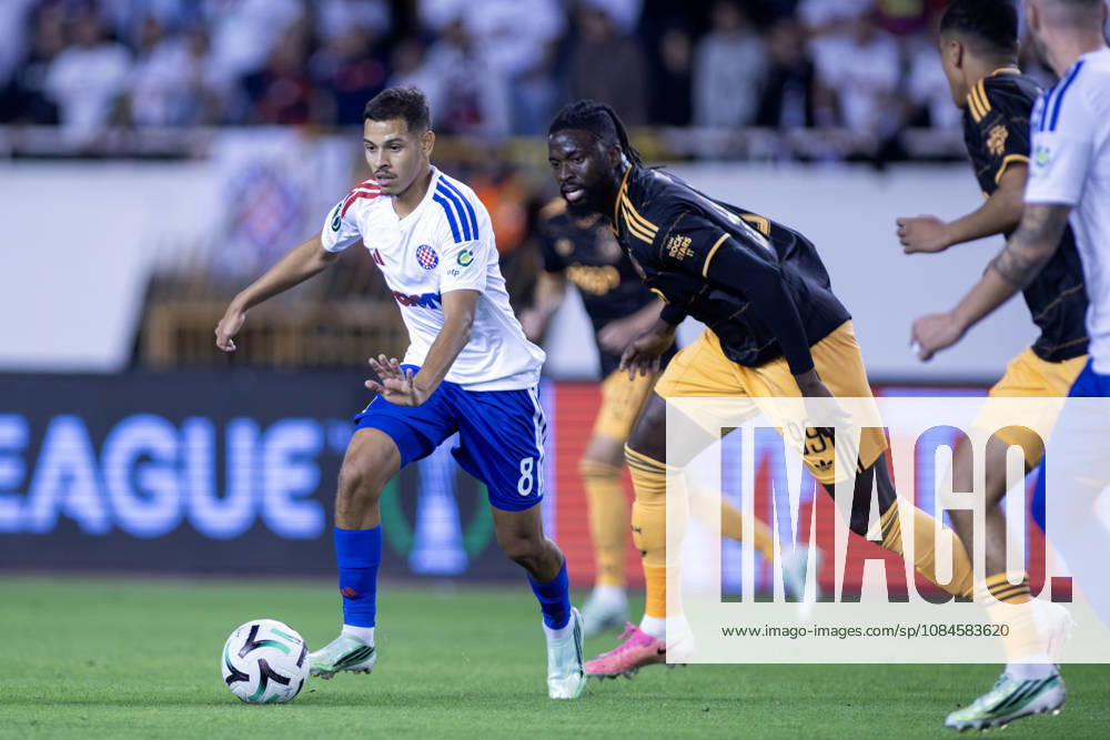 Khalil Fayade (HNK HAjduk) 8 and Toluwalase Arokodare (AFC Ajax) 99 in action during he UEFA Conference League match between HNK Hajduk Split (CRO) and AFC Ajax Amsterdam (NL) at Poljud Stadium. UEFA Conference League: HNK Hajduk Split Vs AFC Ajax Amsterdam 2:1 - ZUMAp210 20261015_zsp_p210_026