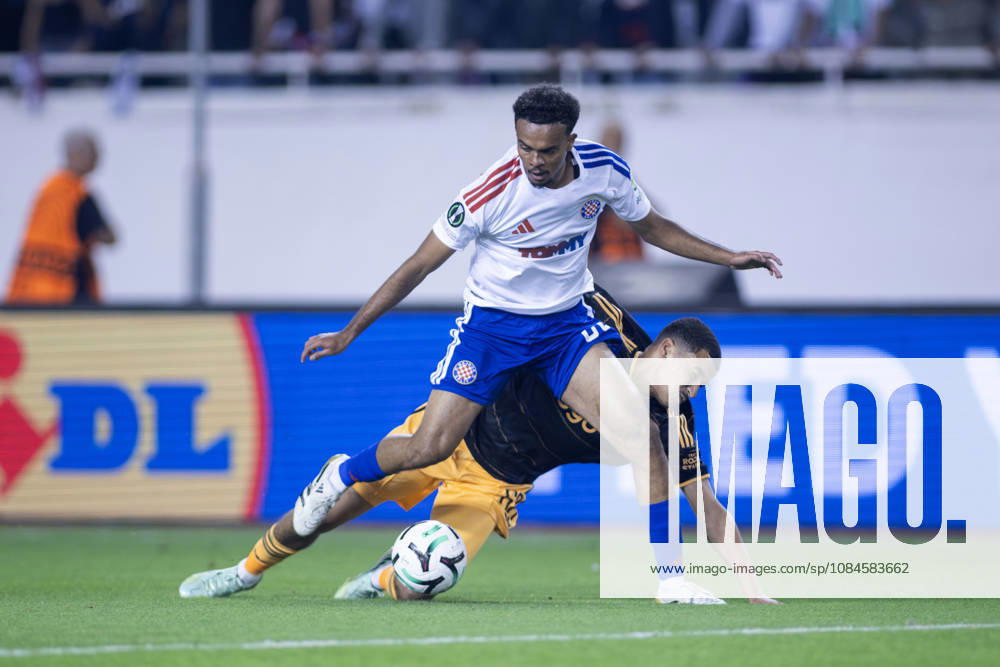 Mathieu Acapandie (HNK HAjduk) and Abdellah Ouazane (AFC Ajax) 68 in action during he UEFA Conference League match between HNK Hajduk Split (CRO) and AFC Ajax Amsterdam (NL) at Poljud Stadium. UEFA Conference League: HNK Hajduk Split Vs AFC Ajax Amsterdam 2:1 - ZUMAp210 20261015_zsp_p210_035