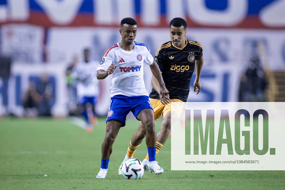 Dalisson de Almeida ( HNK HAJDUK Split) 9 and Abdellah Ouazane (AFC Ajax) 68 in action during he UEFA Conference League match between HNK Hajduk Split (CRO) and AFC Ajax Amsterdam (NL) at Poljud Stadium. Split Croatia - ZUMAp210 20261015_zsp_p210_027
