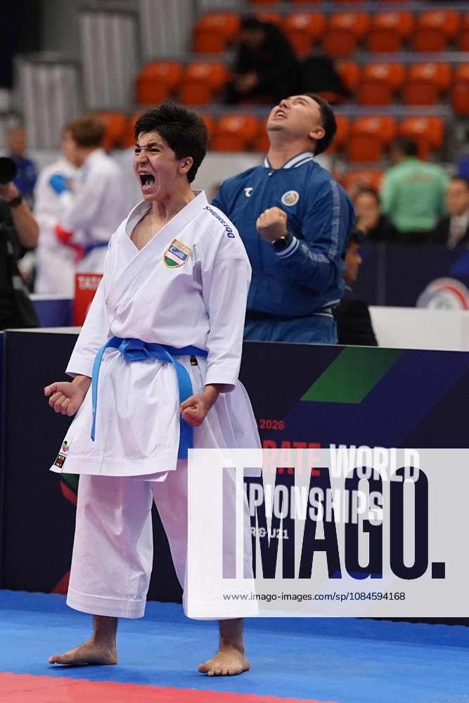 2026 World Cadet, Junior & U21, U 21 Karate Championships BIELSKO-BIALA, POLAND - OCTOBER 16: Javokhir Djakhangirov of Uzbekistan reacts after winning the cadet male individual kata semi-final at the 2026 World Cadet, Junior & U21 Karate Championships at Hala Pod Debowcem on October 16, 2026 in Bielsko-Biala, Poland. Bielsko-Biala Hala Pod Debowcem Poland