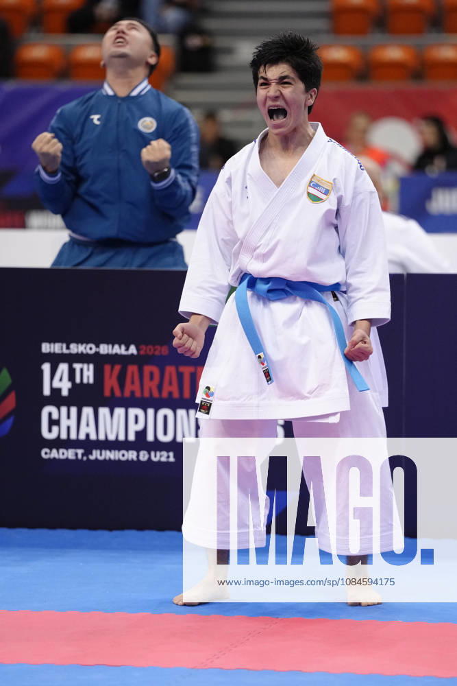 2026 World Cadet, Junior & U21, U 21 Karate Championships BIELSKO-BIALA, POLAND - OCTOBER 16: Javokhir Djakhangirov of Uzbekistan celebrates victory after winning the cadet male individual kata semi-final at the 2026 World Cadet, Junior & U21 Karate Championships at Hala Pod Debowcem on October 16, 2026 in Bielsko-Biala, Poland. Bielsko-Biala Hala Pod Debowcem Poland