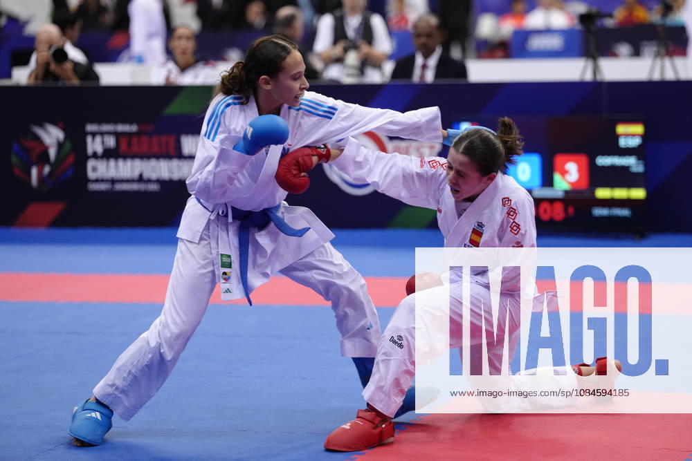2026 World Cadet, Junior & U21, U 21 Karate Championships BIELSKO-BIALA, POLAND - OCTOBER 16: Celia Cofradas Del Castillo (R) of Spain is seen in action during cadet female kumite -47kg semi-final at the 2026 World Cadet, Junior & U21 Karate Championships at Hala Pod Debowcem on October 16, 2026 in Bielsko-Biala, Poland. Bielsko-Biala Hala Pod Debowcem Poland