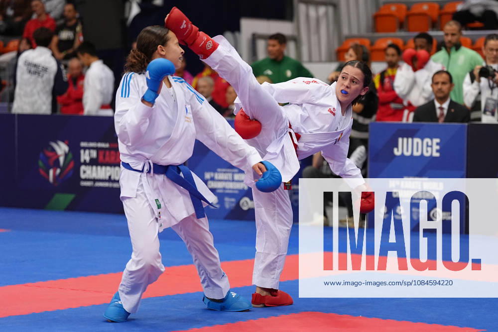 2026 World Cadet, Junior & U21, U 21 Karate Championships BIELSKO-BIALA, POLAND - OCTOBER 16: Celia Cofradas Del Castillo (R) of Spain is seen in action during cadet female kumite -47kg semi-final at the 2026 World Cadet, Junior & U21 Karate Championships at Hala Pod Debowcem on October 16, 2026 in Bielsko-Biala, Poland. Bielsko-Biala Hala Pod Debowcem Poland