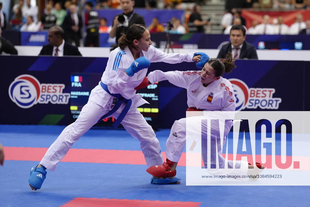 2026 World Cadet, Junior & U21, U 21 Karate Championships BIELSKO-BIALA, POLAND - OCTOBER 16: Celia Cofradas Del Castillo (R) of Spain is seen in action during cadet female kumite -47kg semi-final at the 2026 World Cadet, Junior & U21 Karate Championships at Hala Pod Debowcem on October 16, 2026 in Bielsko-Biala, Poland. Bielsko-Biala Hala Pod Debowcem Poland