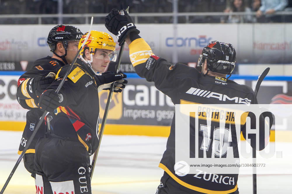 Topscorer Jere Innala of Lugano C) celebrates his goal with Alessio Bertaggia of Lugano R) and Santeri Alatalo of Lugano L) during the game between HC Lugano v HC Davos at the Corner Arena on October 16, 2026 in Lugano, Switzerland. Lugano Ticino Switzerland
