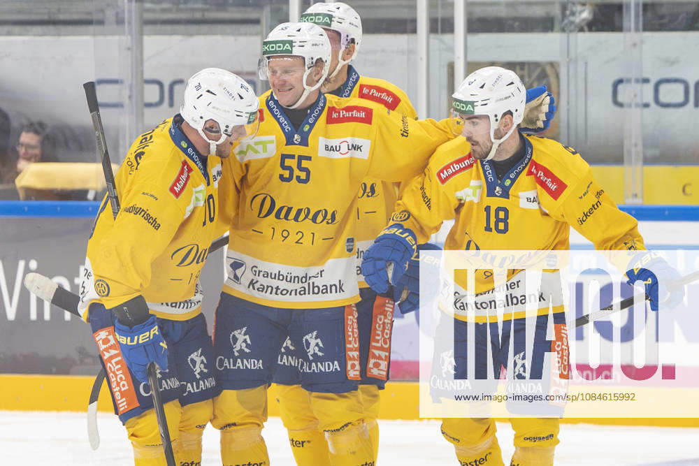 Filip Zadina of Davos R) celebrated for his goal during the game between HC Lugano v HC Davos at the Corner Arena on October 16, 2026 in Lugano, Switzerland. Lugano Ticino Switzerland