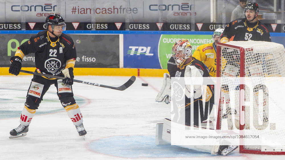 goalkeeper Robert Mayer of Lugano R) in action during the game between HC Lugano v HC Davos at the Corner Arena on October 16, 2026 in Lugano, Switzerland. Lugano Ticino Switzerland