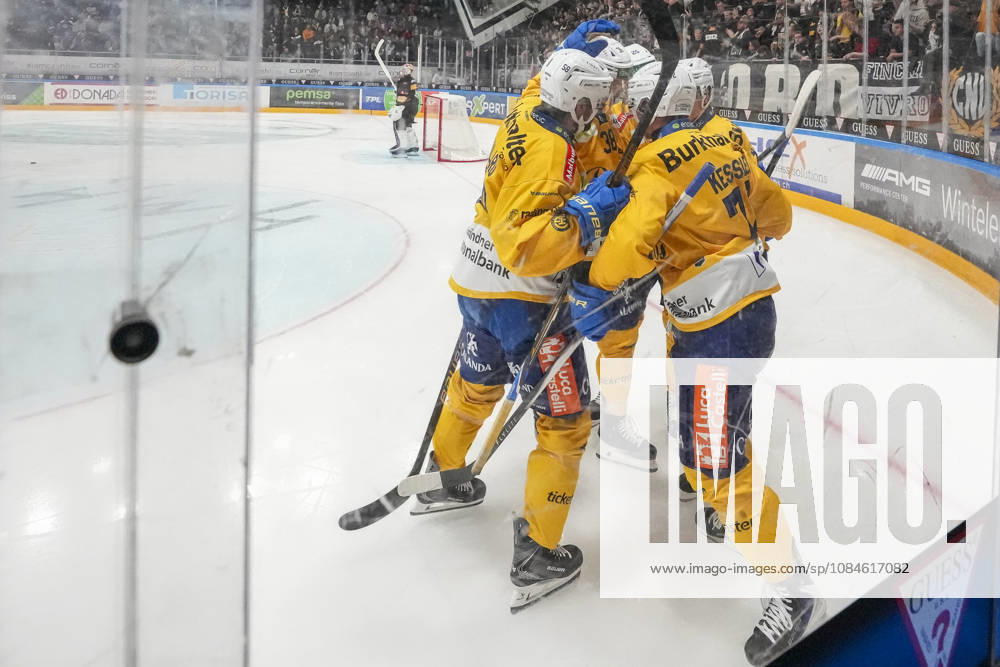 HCD celebrates their first goal during the game between HC Lugano v HC Davos at the Corner Arena on October 16, 2026 in Lugano, Switzerland. Lugano Ticino Switzerland
