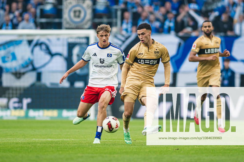1. Bundesliga: Hamburger SV vs. VfB Stuttgart, 17.10.2026 Bilal El Khannouss (VfB Stuttgart, 11) vor Louis Lemke (Hamburger SV, 37); Fußball, 1. Bundesliga, 6. Spieltag: Hamburger SV vs. VfB Stuttgart am 17.10.2026 im Volksparkstadion, Hamburg DFL REGULATIONS PROHIBIT ANY USE OF PHOTOGRAPHS AS IMAGE SEQUENCES AND OR QUASI-VIDEO.