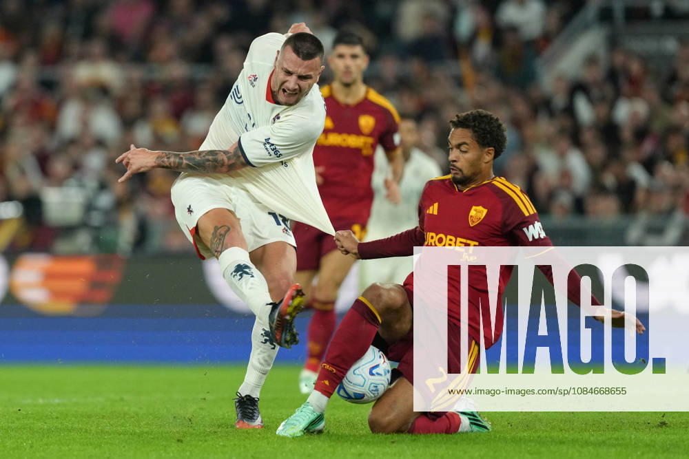 Milutin Osmajic of Genoa CFC and Devyne Rensch of AS Roma during the Serie A 2026 2027 football match between AS Roma and Genoa CFC at Stadio Olimpico in Rome (Italy), October 17, 2026. antoniettaxbaldassarre