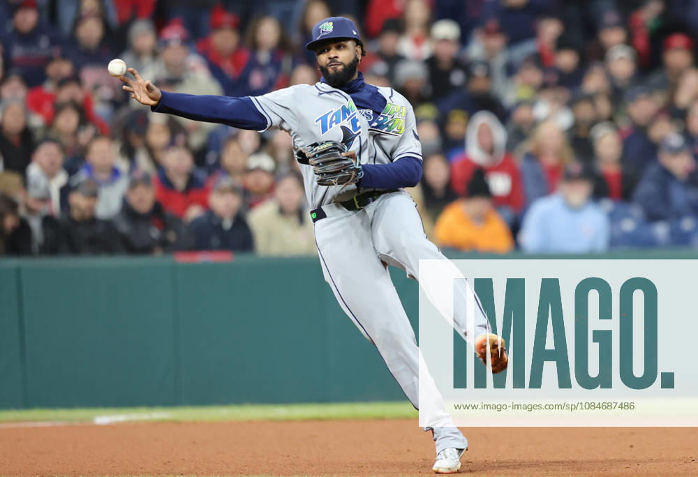 Tampa Bay Rays third baseman Junior Caminero (13) throws out Cleveland Guardians Jose Ramirez in the fourth inning during game four of the MLB, Baseball Herren, USA American League Championship Series at Progressive Field in Cleveland, Ohio, on Saturday, October 17, 2026. CLE20261017717 AARONxJOSEFCZYK