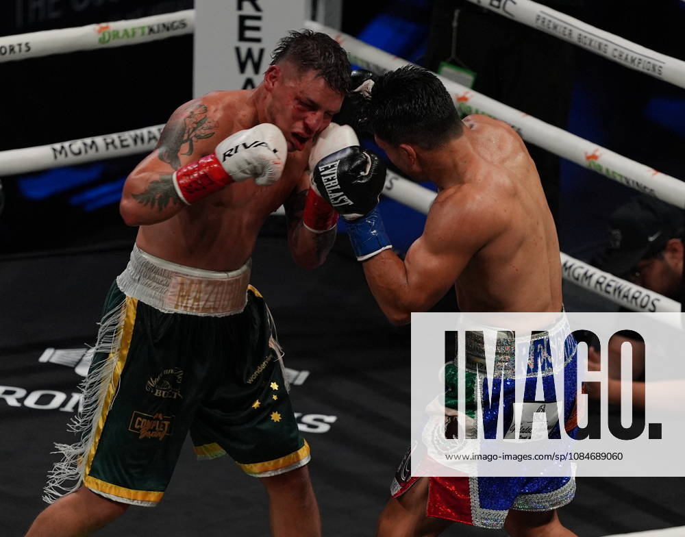 BOXING: Armando Resendiz vs Koen Mazoudier in Las Vegas LAS VEGAS, NEVADA - OCTOBER 17: Armando Resendiz (in blue short) and Koen Mazoudier (in green short) exchange punches during their super middleweight fight on Saturday night at the Chelsea of The Cosmopolitan in Las Vegas, Nevada, United States on October 17, 2026. Tayfun Coskun Anadolu Nevada United States. Editorial use only. Please get in touch for any other usage.
