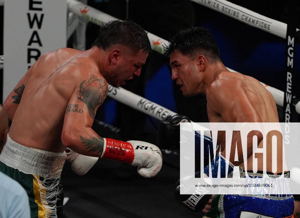 BOXING: Armando Resendiz vs Koen Mazoudier in Las Vegas LAS VEGAS, NEVADA - OCTOBER 17: Armando Resendiz (in blue short) and Koen Mazoudier (in green short) exchange punches during their super middleweight fight on Saturday night at the Chelsea of The Cosmopolitan in Las Vegas, Nevada, United States on October 17, 2026. Tayfun Coskun Anadolu Nevada United States. Editorial use only. Please get in touch for any other usage.