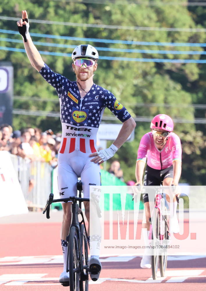 Utsunomiya, Japan - American cyclist Quinn Simmons (L) of Lidl-Trek crosses the finish line of the Utsunomiya Japan Cup Cycle Road Race while Irish Ben Healey (R) of EF Education - Easy Post follows him in Utsunomiya, 100km north of Tokyo on Sunday, October 18, 2026. Quin Simmons won the 144km race and Healey finished the runner-up. (photo by Yoshio Tsunoda AFLO) Noxthirdxpartyxsales 0869825630st YoshioxTsunodax