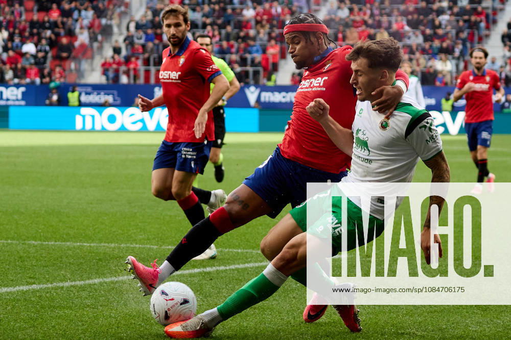 LaLiga EASports 2026 27 CA Osasuna v Racing de Santander Valentin Rosier (19. OSA) (L) blocks the shot from Jorge Salinas (17. RAC) (R) during the football match of LaLiga EA Sports between CA Osasuna and Racing de Santander played at El Sadar stadium in Pamplona (Spain) on Oct 18 2026. Credit: Inigo Alzugaray Agencia LOF Pamplona LaLiga EASports 2026 27 CA Osasuna v Racing de Santander