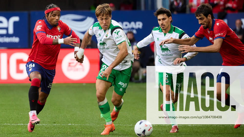 LaLiga EASports 2026 27 CA Osasuna v Racing de Santander Valentin Rosier (19. OSA) (L), Sergio Canales (20. RAC), Andre Almeida (8. RAC) and Alejandro Catena (24. OSA) (R) battle for the ball during the football match of LaLiga EA Sports between CA Osasuna and Racing de Santander played at El Sadar stadium in Pamplona (Spain) on Oct 18 2026. Credit: Inigo Alzugaray Agencia LOF Pamplona LaLiga EASports 2026 27 CA Osasuna v Racing de Santander