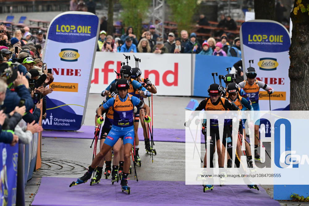 BIATHLON - Start Heat 1 bei der Qualifikation Super Sprint der Damen Herren während des Loop One Biathlon Opening Festival im Olypiapark München am 18.10.2026, Deutschland, Bayern München Hans-Jochen-Vogel-Platz Olypiapark Bayern Deutschland