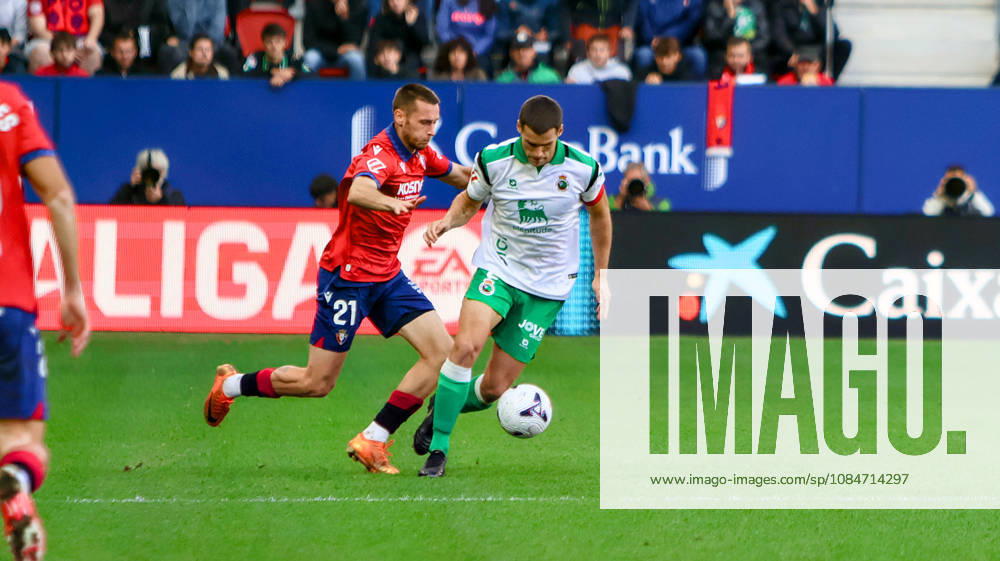 ESP: LaLiga EA Sports Atletico Osasuna v Racing Santander Jonathan Dubasin of Osasuna and Alvaro Mantilla of Racing de Santander during LaLiga EA Sports match between Atletico Osasuna v Racing Santander played at El Sadar Stadium, Pamplona, on October 18 2026 in Spain Spain Soccer