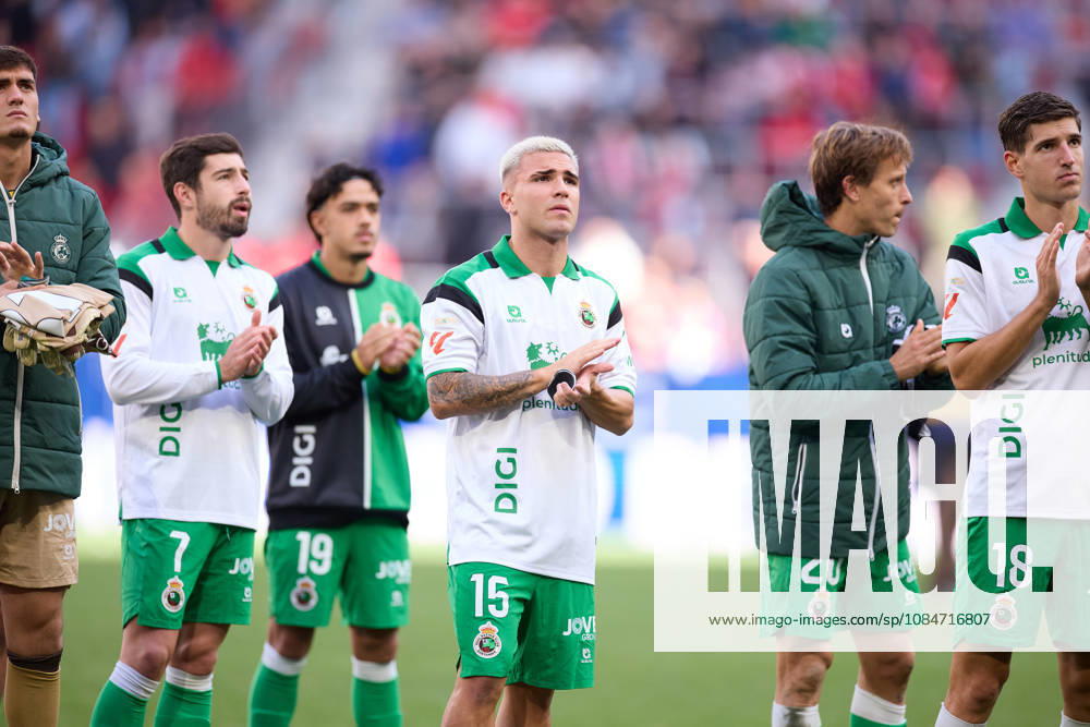 Pablo Garcia of Real Racing Club de Santander reacts to the supporters during the LaLiga EA Sports match between CA Osasuna and Real Racing Club de Santander at El Sadar on October 18, 2026, in Pamplona, Spain. CA Osasuna V Racing De Santander - LaLiga EA Sports - ZUMAa181 20261018_zaa_a181_129