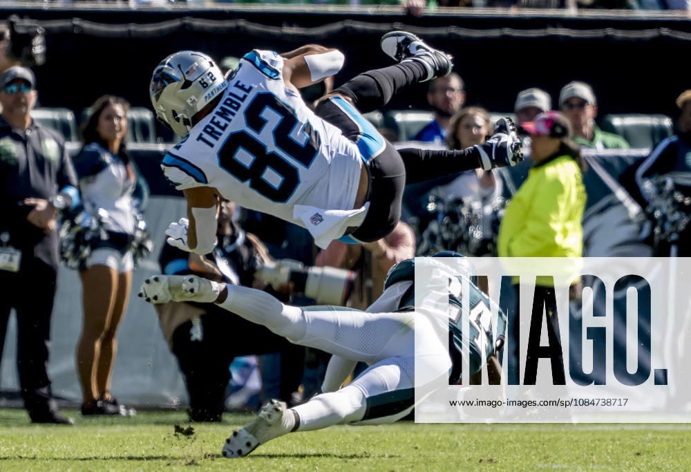 Oct 18, 2026; Philadelphia, PA, USA; Carolina Panthers tight end Tommy Tremble (82) tackled by Philadelphia Eagles safety Andrew Mukuba (24) after by the Eagles to make a catch during the NFL, American Football Herren, USA football matchup between the Carolina Panthers and Philadelphia Eagles during the NFL football matchup between the Carolina Panthers and Philadelphia Eagles at Lincoln Financial Field. Mandatory Credit: -Cal Media NFL 2026: Panthers Vs Eagles OCT 18 - ZUMAcs17 20261018_faf_cs17_009
