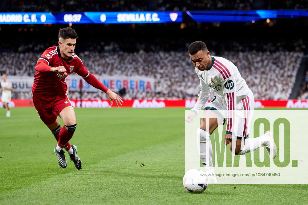 Kylian Mbappe of Real Madrid CF and Andres Lopez Gallo Gastrin of Sevilla FC during La Liga football match between Real Madrid CF and Sevilla at Santiago Bernabeu Stadium in Madrid, Spain, October 18, 2026 Soccer 2026: Real Madrid CF Vs Sevilla - ZUMAa206 20261018_zsp_a206_002