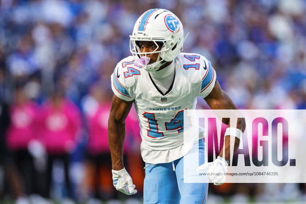 Oct 18, 2026; Indianapolis, IN, USA; Tennessee Titans wide receiver Carnell Tate (14) during NFL, American Football Herren, USA game action against the Indianapolis Colts at Lucas Oil Stadium. Mandatory Credit: -Cal Media NFL 2026: Titans Vs Colts OCT 18 - ZUMAc04_ 20261018_zma_c04_019