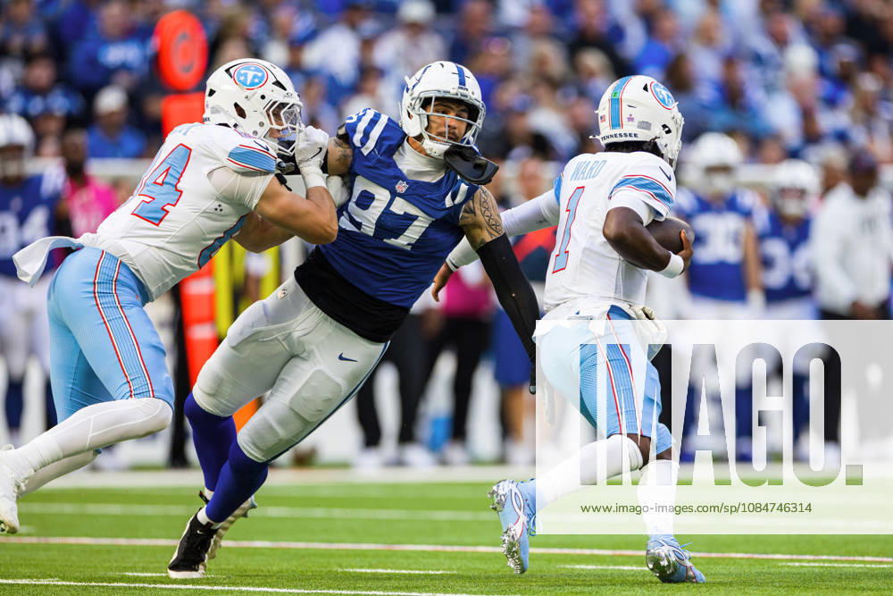 Oct 18, 2026; Indianapolis, IN, USA; Indianapolis Colts defensive end Laiatu Latu (97) pressures Tennessee Titans quarterback Cam Ward (1) during NFL, American Football Herren, USA game action at Lucas Oil Stadium. Mandatory Credit: -Cal Media NFL 2026: Titans Vs Colts OCT 18 - ZUMAc04_ 20261018_zma_c04_027
