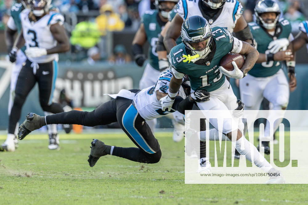 Philadelphia Eagles wide receiver Dontayvion Wicks (13) is tackled by Carolina Panthers safety Zakee Wheatley (20) at the 47 yard line during the fourth quarter of NFL, American Football Herren, USA action at Lincoln Financial Field in Philadelphia, Pennsylvania on Sunday, October 18, 2016. The Panthers won 25-14. PHI20261018025 LAURENCExKESTERSON