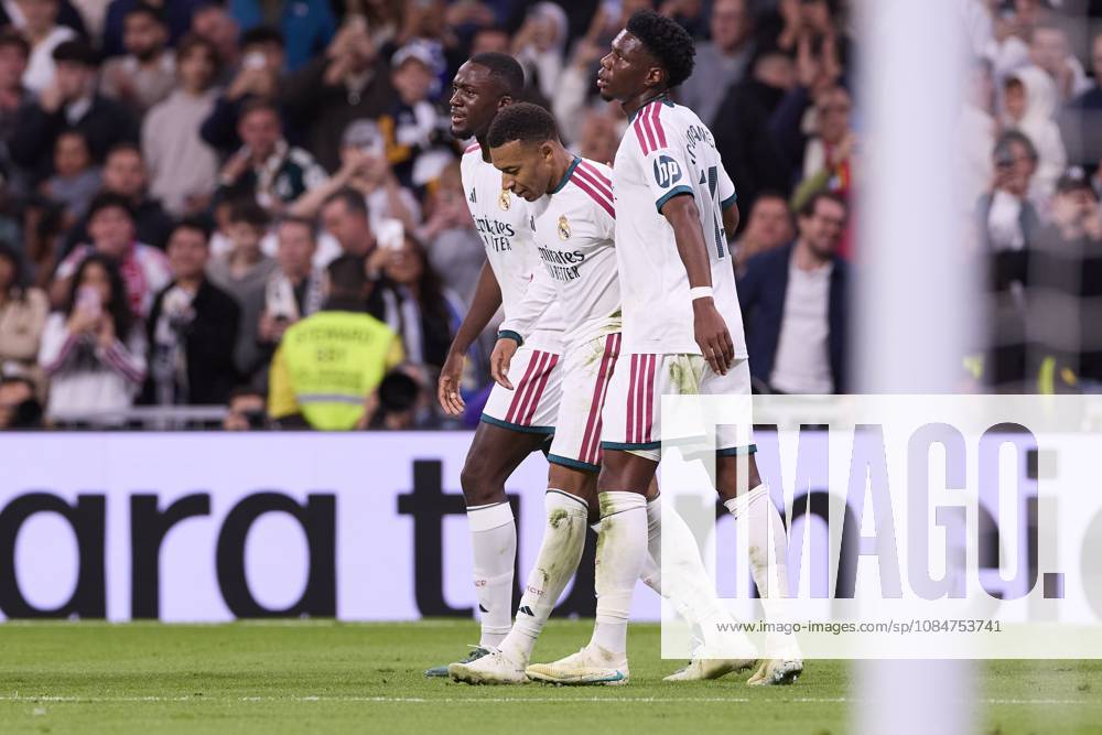 (From L to R) Ibrahima Konate, Kylian Mbappe and Aurelien Tchouameni (Real Madrid CF) celebrate a goal during the LaLiga EA SPORTS 2026 2027 match between Real Madrid CF and Sevilla FC..Final score: Real Madrid CF 4-1 Sevilla FC. Madrid Spain - ZUMAs197 20261018_aaa_s197_259