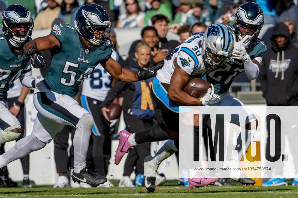 Oct 18, 2026; Philadelphia, PA, USA; Carolina Panthers running back Chuba Hubbard (30) rushes the ball during the NFL, American Football Herren, USA football matchup between the Carolina Panthers and Philadelphia Eagles at Lincoln Financial Field. The Panthers defeated the Eagles 25-14.Mandatory Credit: -Cal Media Philadelphia USA - ZUMAcs17 20261018_faf_cs17_048