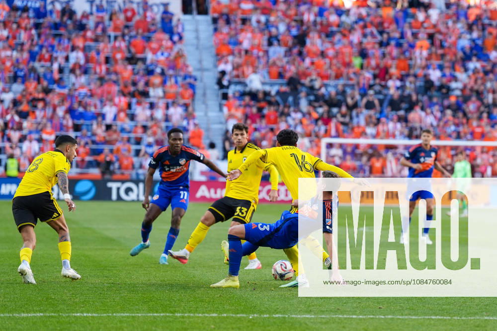 Columbus Crew midfielder Taha Habroune (16) dives in on FC Cincinnati midfielder David Doudĺra (23) attempting to win the ball but commits a foul during an MLS, Fussball Herren, USA game at TQL Stadium Soccer 2026: FC Cincinnati Vs Columbus Crew - ZUMAt168 20261018_zsp_t168_023