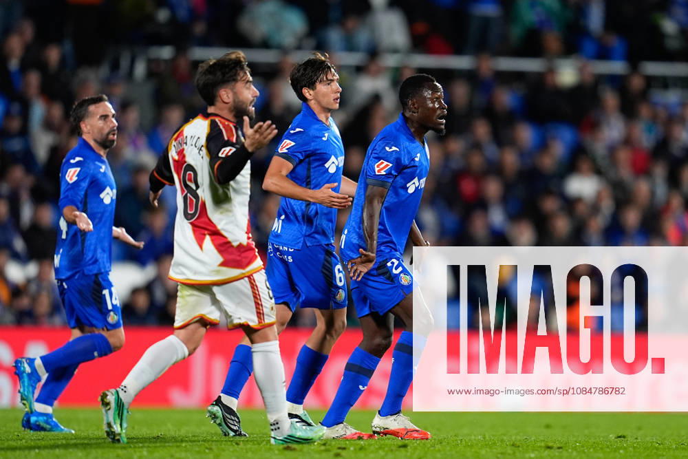 Dakonam Djene of Getafe CF protests after being shown the yellow card during the Spanish League, LaLiga EA Sports, football match between Getafe CF and Rayo Vallecano at Coliseum de Getafe stadium on October 19, 2026, in Getafe, Spain. Getafe CF V Rayo Vallecano - LaLiga EA Sports - ZUMAa181 20261019_zaa_a181_036