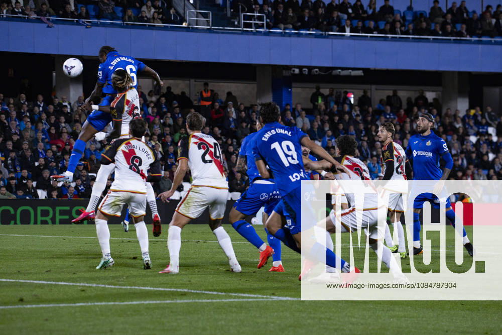 Getafe CF v Rayo Vallecano - La Liga EA Sports 2026 27 October 19, 2026, Estadio El Coliseum, Getafe, Madrid, Spain: Jean Ives Valou of Getafe jumps for the ball during La Liga EA Sports match between Getafe and Rayo Vallecano at Estadio El Coliseum on October 19, 2026 in Madrid, Spain. Getafe Estadio Coliseum Madrid Spain