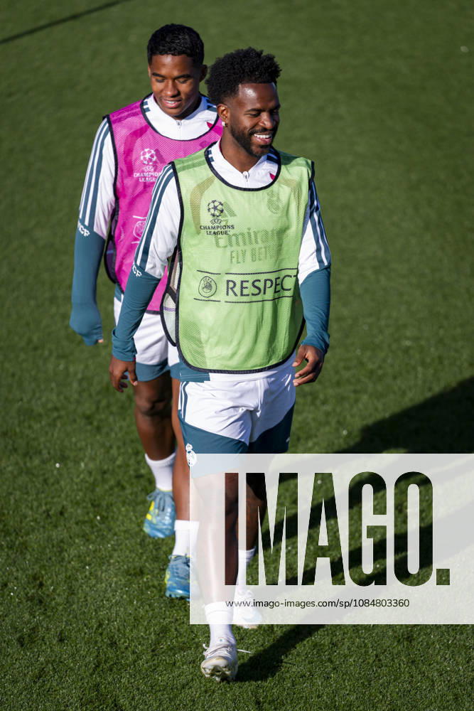Real Madrid CF Training Session And press conference, PK, Pressekonferenz - UEFA Champions League 2026 27 League Phase MD3 MADRID, SPAIN - OCTOBER 20: Players of Real Madrid CF (from L to R) Endrick, Vinicius Junior are seen during the training session on day ahead of the UEFA Champions League 2026 27 League Phase MD3 at Ciudad Real Madrid on October 20, 2026 in Valdebebas, Spain. Valdebebas Ciudad Real Madrid Madrid Spain