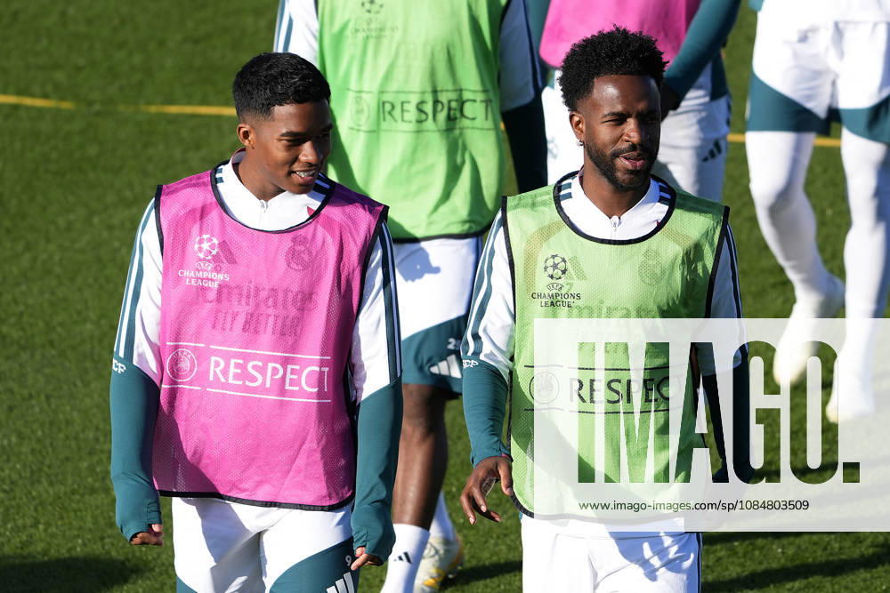 REAL MADRID CF v RB LEIPZIG. CHAMPIONS LEAGUE 2026 2027. ROUND 3. Real Madrid CF s Endrick Felipe Moreira (l) and Vinicius Junior during training session prior to the Champions League round 3 match against RB Leipzig. October 20 2026. (ALTERPHOTOS Acero) MadridSpain
