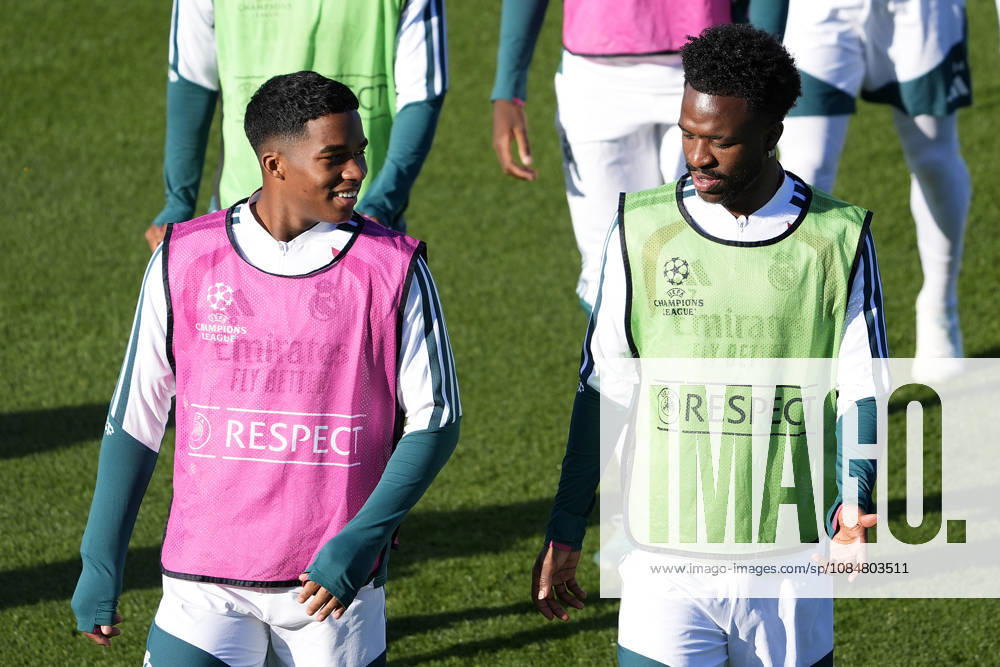 REAL MADRID CF v RB LEIPZIG. CHAMPIONS LEAGUE 2026 2027. ROUND 3. Real Madrid CF s Endrick Felipe Moreira (l) and Vinicius Junior during training session prior to the Champions League round 3 match against RB Leipzig. October 20 2026. (ALTERPHOTOS Acero) MadridSpain