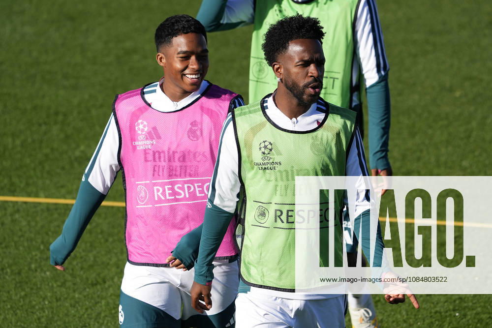 REAL MADRID CF v RB LEIPZIG. CHAMPIONS LEAGUE 2026 2027. ROUND 3. Real Madrid CF s Endrick Felipe Moreira (l) and Vinicius Junior during training session prior to the Champions League round 3 match against RB Leipzig. October 20 2026. (ALTERPHOTOS Acero) MadridSpain