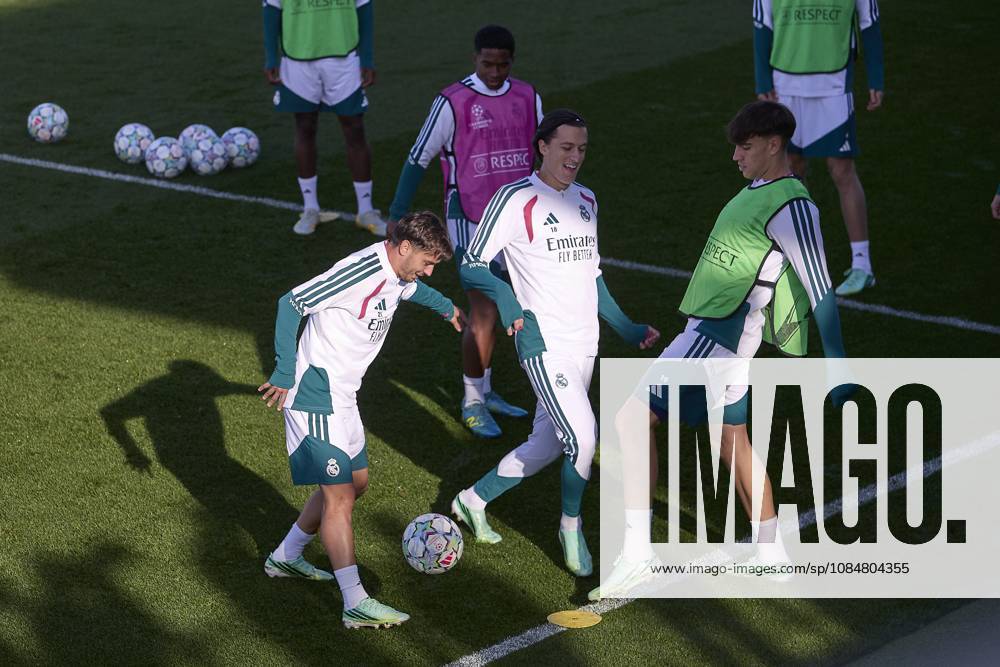 (From L to R) Brahim Diaz, Alvaro Carreras and Carlos Espi (Real Madrid CF) are seen in action during a training session on the eve of the UEFA Champions League 2026 2027 match between Real Madrid CF and RB Leipzig..Real Madrid CF is holding its final training session ahead of its third UEFA Champions League game. Madrid Spain - ZUMAs197 20261020_aaa_s197_017