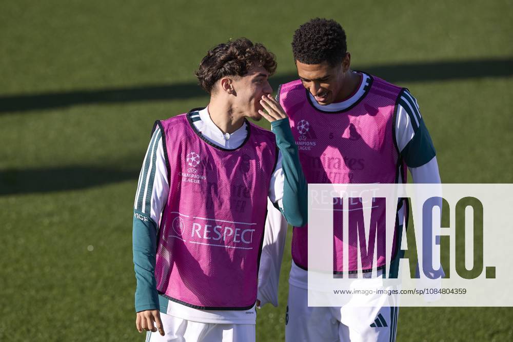 (From L to R) Thiago Pitarch and Jude Bellingham (Real Madrid CF) are seen in action during a training session on the eve of the UEFA Champions League 2026 2027 match between Real Madrid CF and RB Leipzig..Real Madrid CF is holding its final training session ahead of its third UEFA Champions League game. Madrid Spain - ZUMAs197 20261020_aaa_s197_020