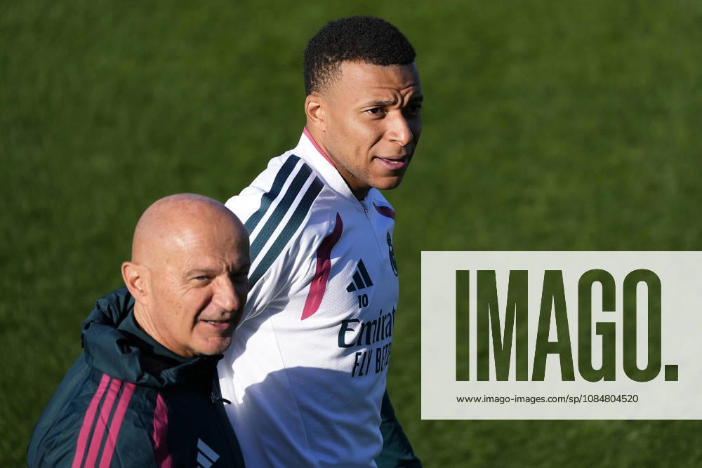 Real Madrid CF s Kylian Mbappe (r) with the fitness coach Antonio Pintus during training session prior to the Champions League round 3 match against RB Leipzig. October 20 2026. (20261020165)
