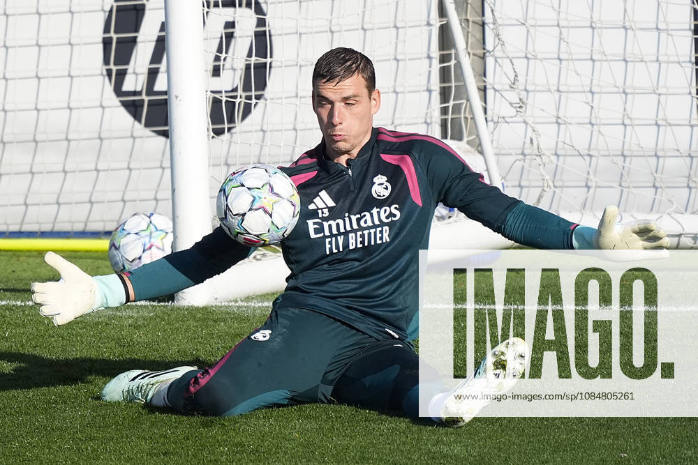 REAL MADRID CF v RB LEIPZIG. CHAMPIONS LEAGUE 2026 2027. ROUND 3. Real Madrid CF s Andriy Lunin during training session prior to the Champions League round 3 match against RB Leipzig. October 20 2026. (ALTERPHOTOS Acero) MadridSpain