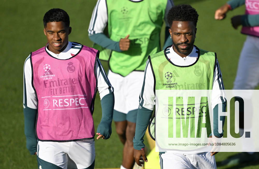 Real Madrid training session ahead of Champions Leage match against RB Leipzig MADRID, SPAIN - OCTOBER 20: Endrick Felipe (L) and Vinicius Junior (R) of Real Madrid attend the training session at the club s Valdebebas training complex ahead of their UEFA Champions League third-round match against RB Leipzig, on October 20, 2026 in Madrid, Spain. Burak Akbulut Anadolu Madrid Spain. Editorial use only. Please get in touch for any other usage.